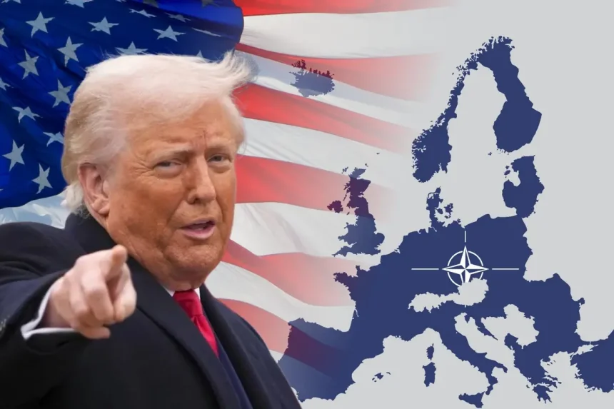 Predsjednik SAD-a Trump upire prstom. U pozadini zastava SAD-a i mapa članica NATO-a u Eropi