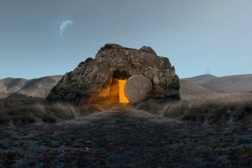 Ilustracija, prikaz otvorenog Isusovog groba iz kojeg dopire svjetlost.