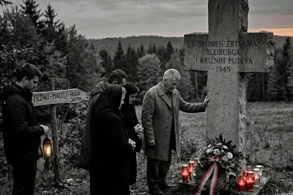 Ilustracija: narod se sjeća žrtava Bleiburga pored spomen križa.