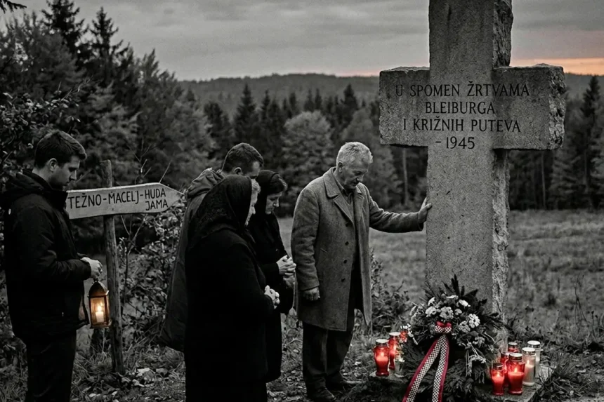Ilustracija: narod se sjeća žrtava Bleiburga pored spomen križa.