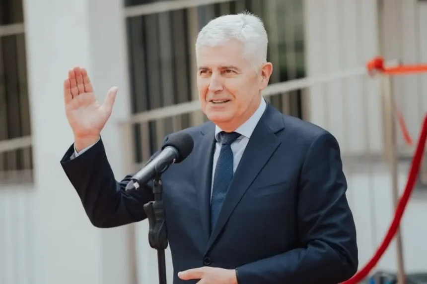 Dragan Čović za govornicom uzdignute ruke.