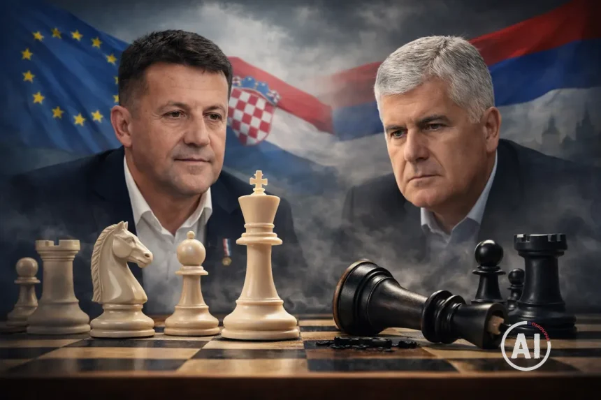 Zdenko Lučić i Dragan Čović na šahovskoj ploči, Lučić ima bolje figure.