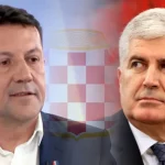 Zdenko Lučić i Dragan Čović u krupnom planu, između se nazire grb Herceg-Bosne.