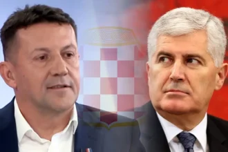 Zdenko Lučić i Dragan Čović u krupnom planu, između se nazire grb Herceg-Bosne.