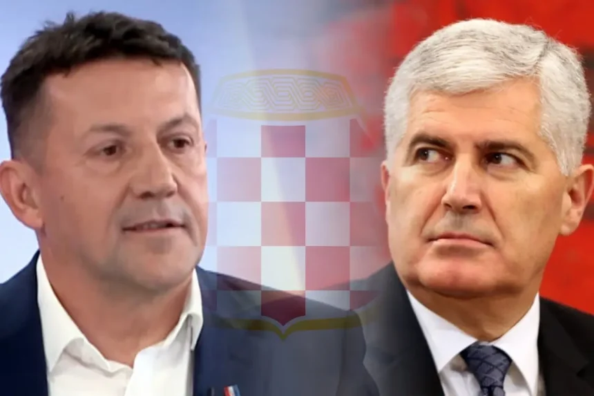 Zdenko Lučić i Dragan Čović u krupnom planu, između se nazire grb Herceg-Bosne.