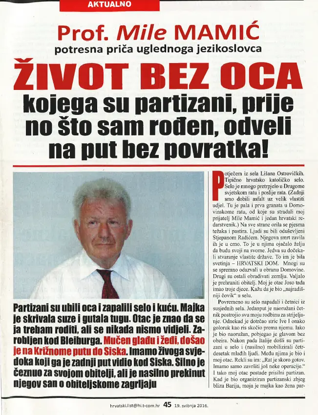 Screenshot novinskog članka u Hrvatskom tjedniku o profesoru Miletu Mamiću iz 2016. godine