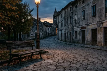 Prazna klupa u malom mjestu, predvečer, tišina, prazna ulica u pozadini, osjećaj odumiranja zajednice.
