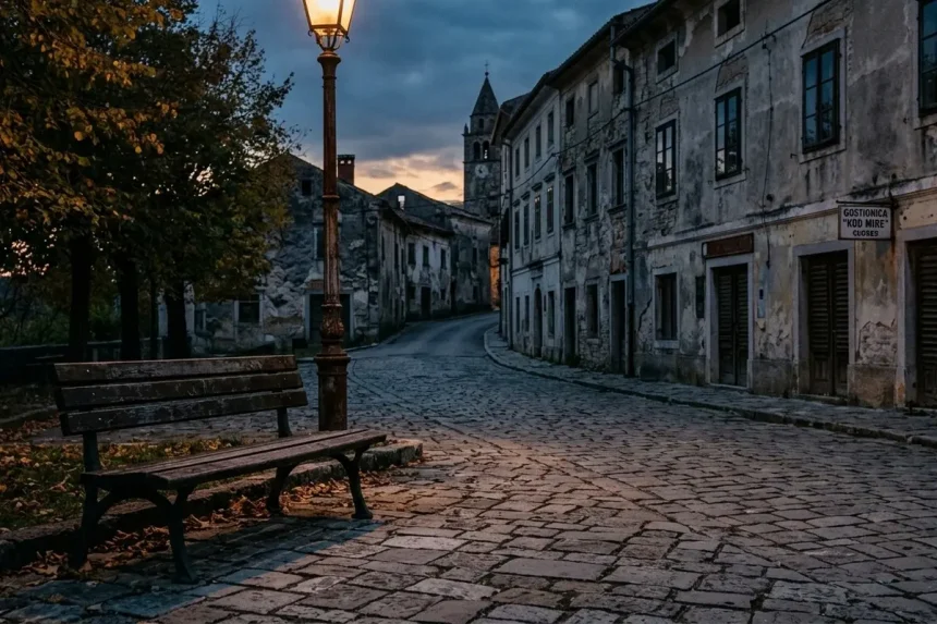 Prazna klupa u malom mjestu, predvečer, tišina, prazna ulica u pozadini, osjećaj odumiranja zajednice.