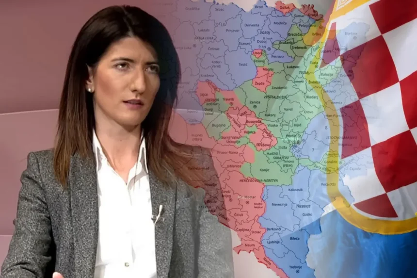 Darijana Filipović uz kartu trećeg entiteta i zastavu Heceg-Bosne