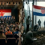 Slika kontrasta hrvatskog društva, Na lijevoj strani slike koncert komunističkih pjesma ,a desno se oplakuju žrtve komunizma.
