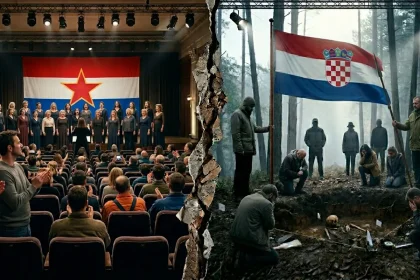Slika kontrasta hrvatskog društva, Na lijevoj strani slike koncert komunističkih pjesma ,a desno se oplakuju žrtve komunizma.