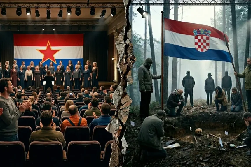 Slika kontrasta hrvatskog društva, Na lijevoj strani slike koncert komunističkih pjesma ,a desno se oplakuju žrtve komunizma.