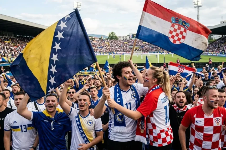 Zajedničko navijanje navijača BiH i Hrvatske. U fokusu zastave BiH i Hrvatske.
