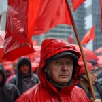 Ilustracija: demonstranti u crvenim odijelima i sa crvenim zastavama