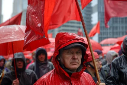 Ilustracija: demonstranti u crvenim odijelima i sa crvenim zastavama