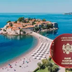 Panorama Budve i Svetog Stefana sa slikom putovnice Crne Gore.