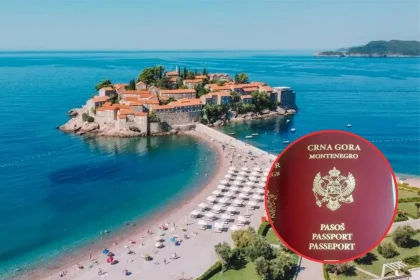Panorama Budve i Svetog Stefana sa slikom putovnice Crne Gore.
