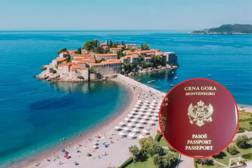 Panorama Budve i Svetog Stefana sa slikom putovnice Crne Gore.