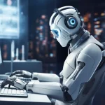 Robot ljudskog izgleda sjedi ispred kompjutera i tipka na tipkovnici.
