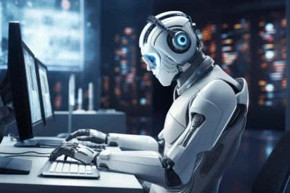 Robot ljudskog izgleda sjedi ispred kompjutera i tipka na tipkovnici.