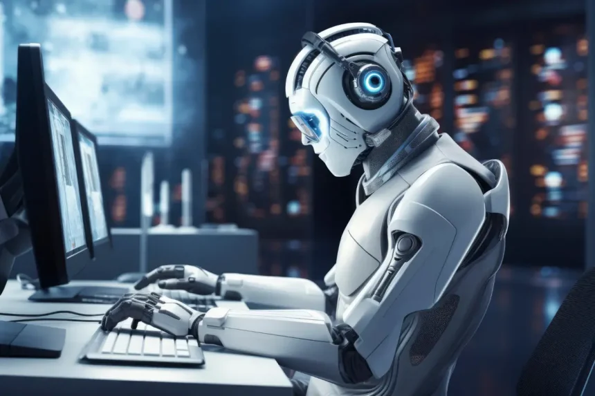 Robot ljudskog izgleda sjedi ispred kompjutera i tipka na tipkovnici.