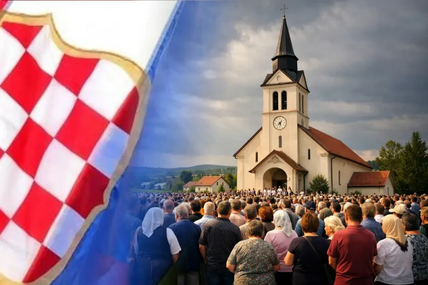 Mnoštvo naroda i vjernika ispred crkve. S lijeve strane mase obavija nacionalna hrvatska zastava.