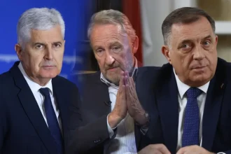 Dragan Čović, Bakir Izetbegović i Milorad Dodik u kolažnoj fotografiji spojeni jedan pored drugog.