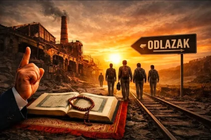 AI animacija, ljudi odlaze iz zemlje, tvornice porušene, a ispraća ih ruka s otvorenim kuranom.