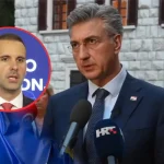 Plenković na konferenciji za tisak. U crvenom krugu premjer Crne Gore Spajić, ispod zastava EU.