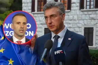 Plenković na konferenciji za tisak. U crvenom krugu premjer Crne Gore Spajić, ispod zastava EU.
