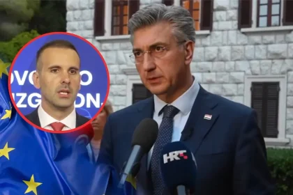 Plenković na konferenciji za tisak. U crvenom krugu premjer Crne Gore Spajić, ispod zastava EU.