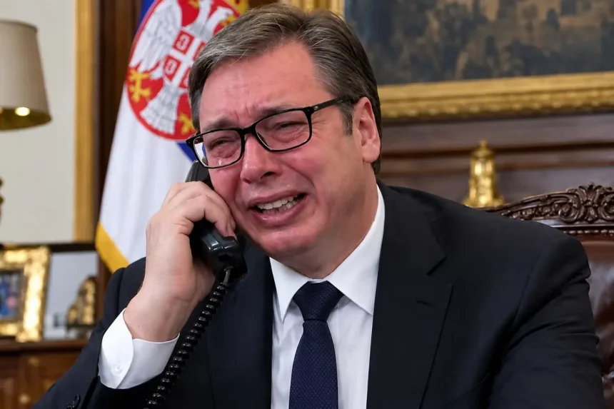 AI animacija - Bivši predsjednik Srbije Vučić razgovara na telefon i plače.